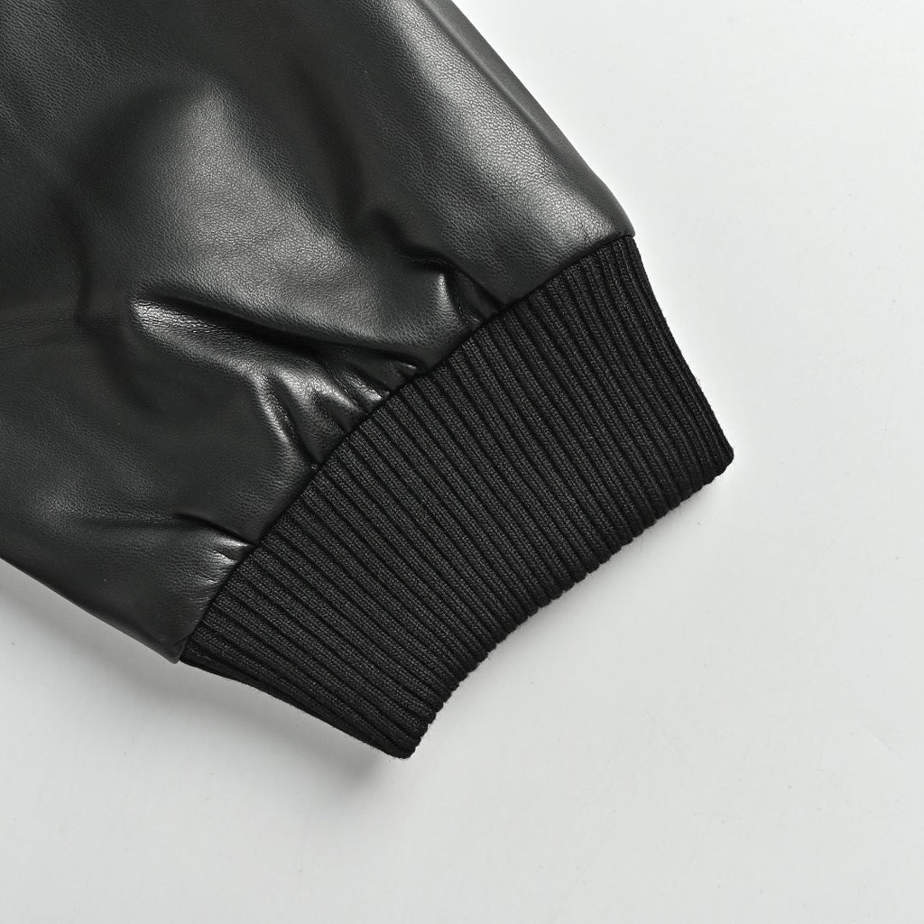 Prada Triangle Logo Leather Sleeve Varsity Baseball Jacket Black