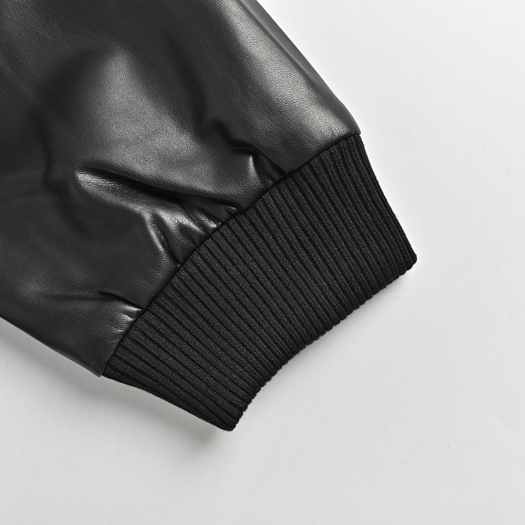 Prada Triangle Logo Leather Sleeve Varsity Baseball Jacket Black