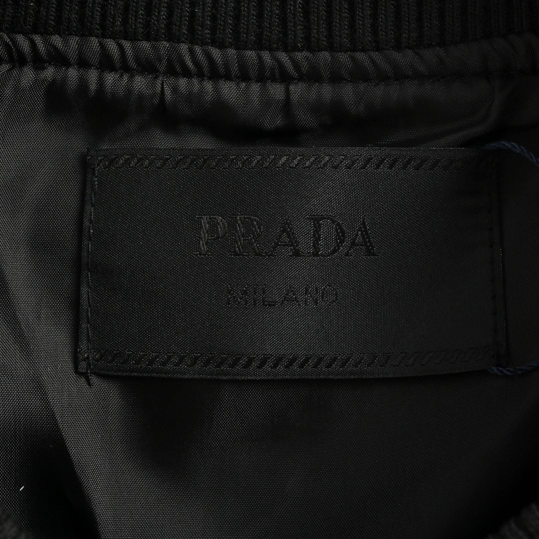 Prada Triangle Logo Leather Sleeve Varsity Baseball Jacket Black