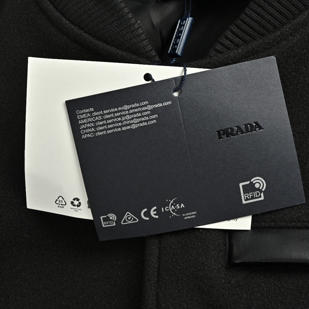 Prada Triangle Logo Leather Sleeve Varsity Baseball Jacket Black