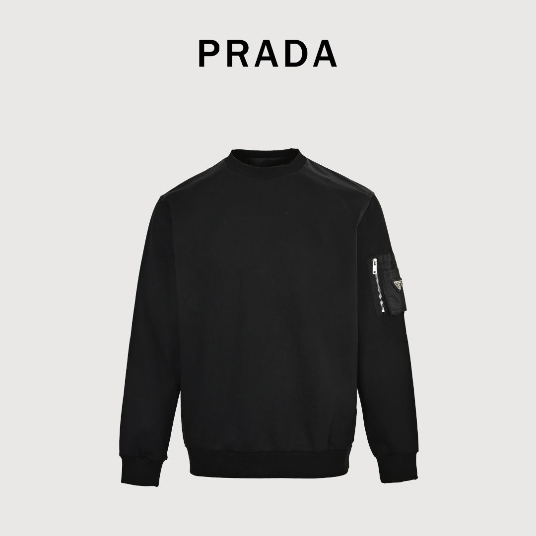 Prada Sleeve Zip Pocket Triangle Logo Crew Neck Sweatshirt Black