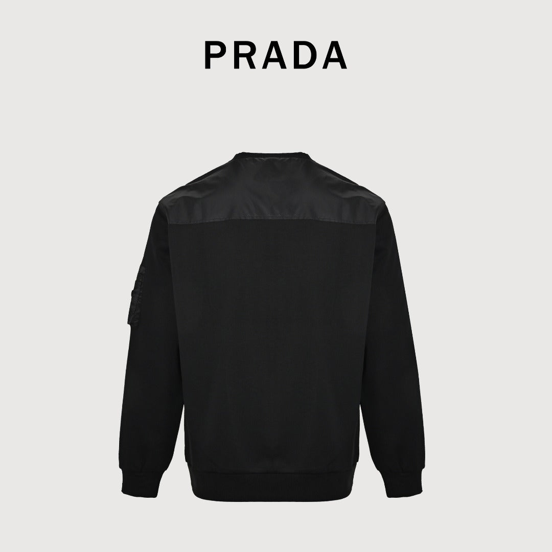 Prada Sleeve Zip Pocket Triangle Logo Crew Neck Sweatshirt Black