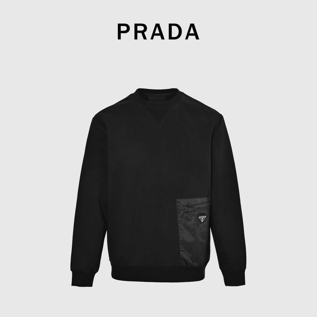 Prada Re-Nylon Chest Patch Pocket Triangle Logo Crew Neck Sweatshirt Black