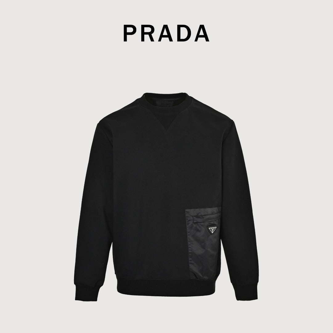 Prada Re-Nylon Chest Patch Pocket Triangle Logo Crew Neck Sweatshirt Black
