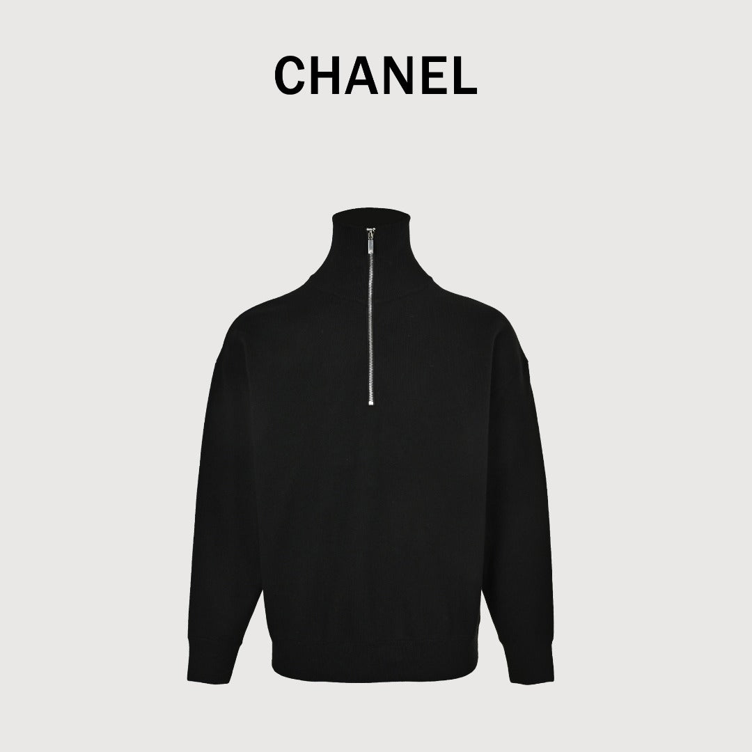 Chanel Double CC Logo Stand Collar Half-Zip Pullover Knit Sweater Black