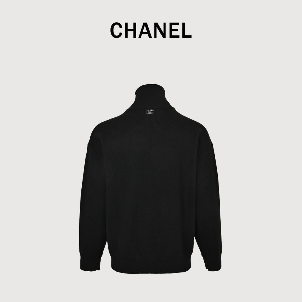 Chanel Double CC Logo Stand Collar Half-Zip Pullover Knit Sweater Black