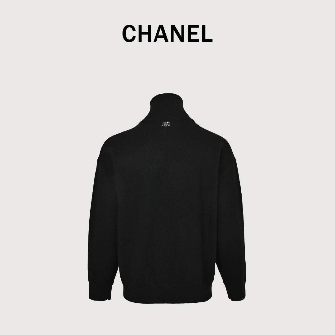 Chanel Double CC Logo Stand Collar Half-Zip Pullover Knit Sweater Black