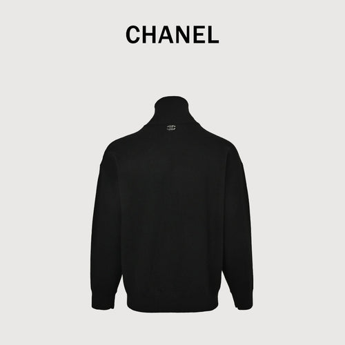 Chanel Double CC Logo Stand Collar Half-Zip Pullover Knit Sweater Black