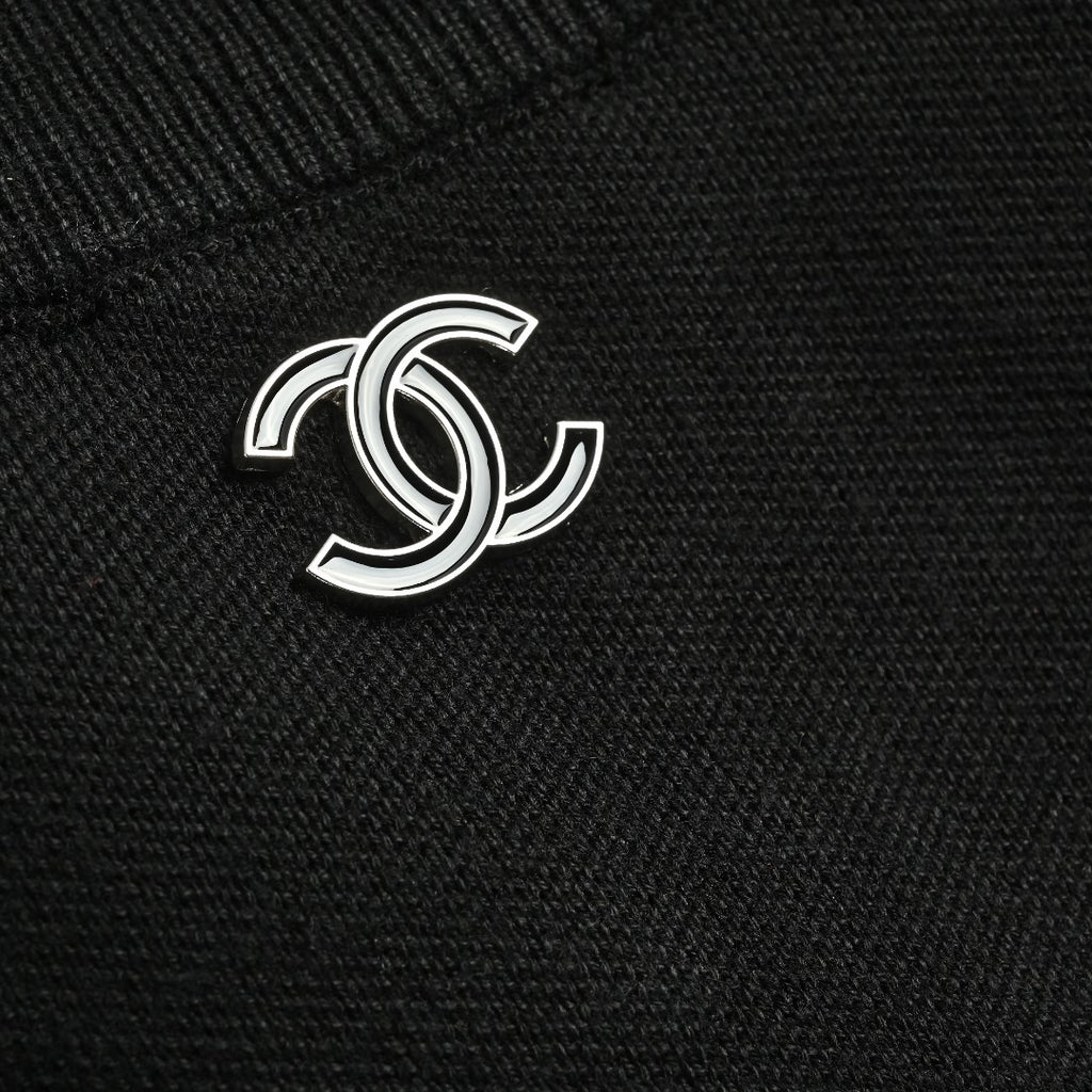 Chanel Double CC Logo Stand Collar Half-Zip Pullover Knit Sweater Black