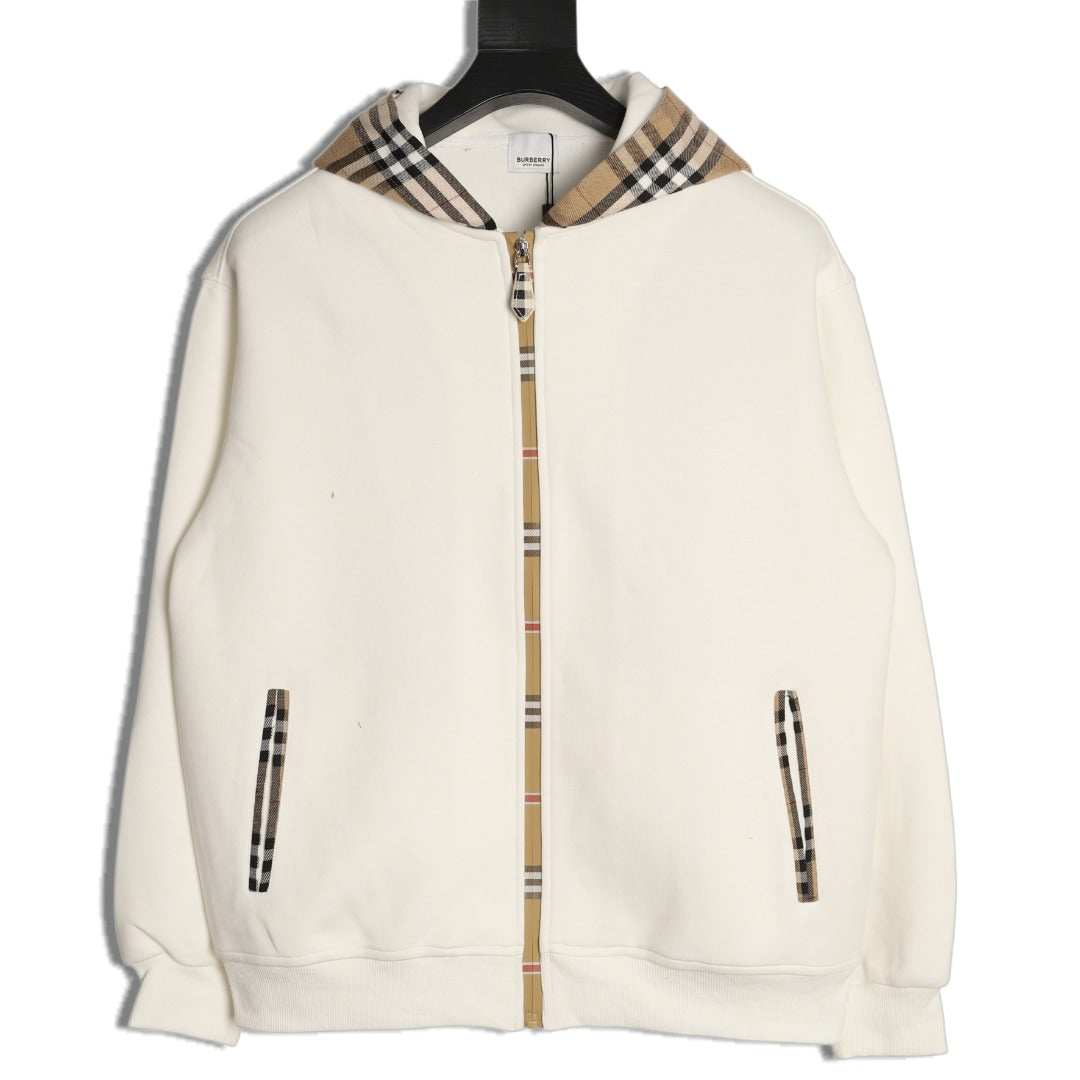 Burberry Equestrian Knight Check-Trim Hooded Zip Jacket - Ivory