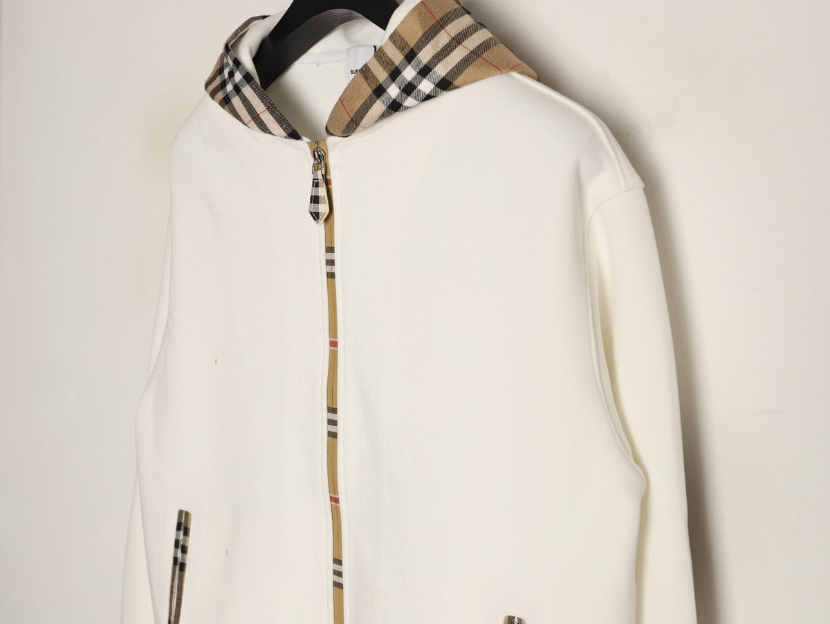 Burberry Equestrian Knight Check-Trim Hooded Zip Jacket - Ivory