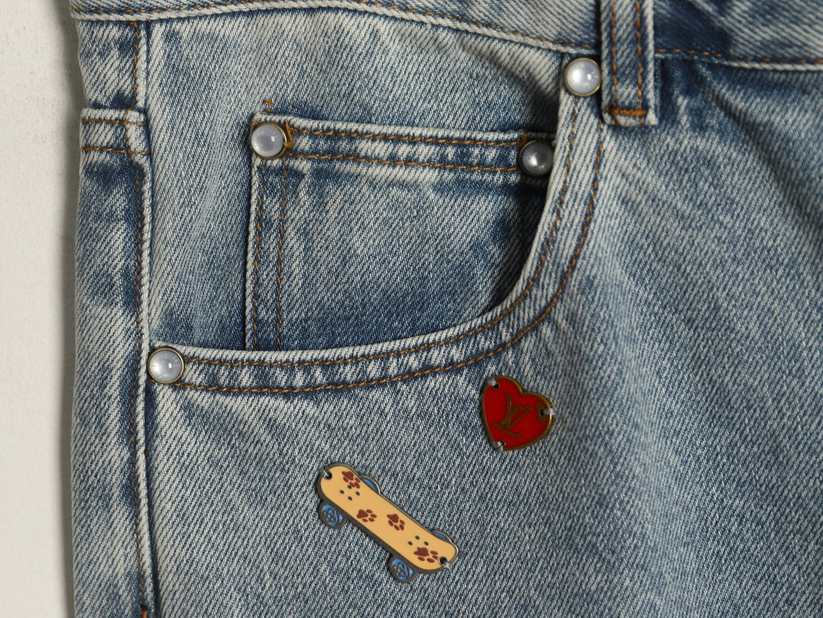 Louis Vuitton CVD Hardware Leather-Detail Skate Jeans - Light Blue