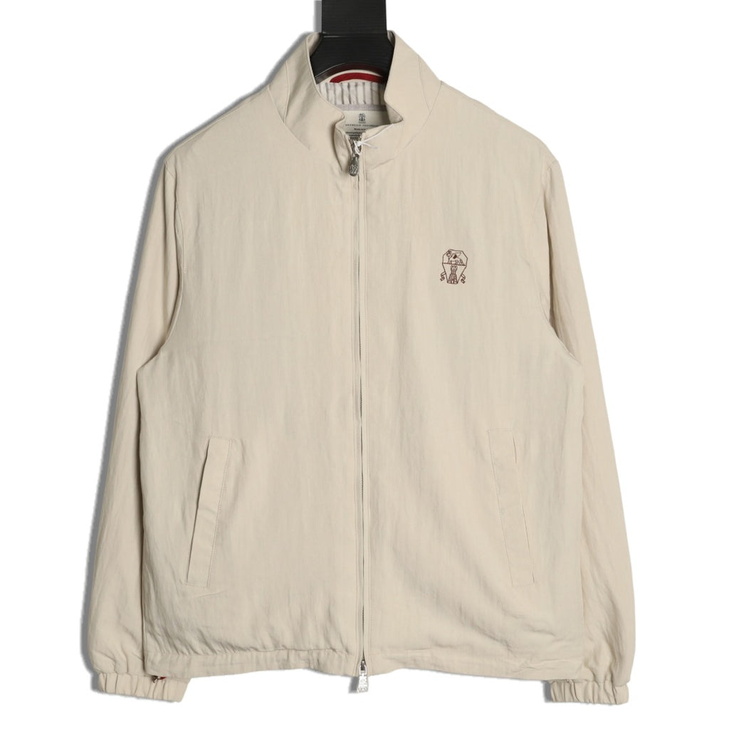 Brunello Cucinelli BC Travelwear Embroidered-Badge Stand-Collar Jacket - Beige