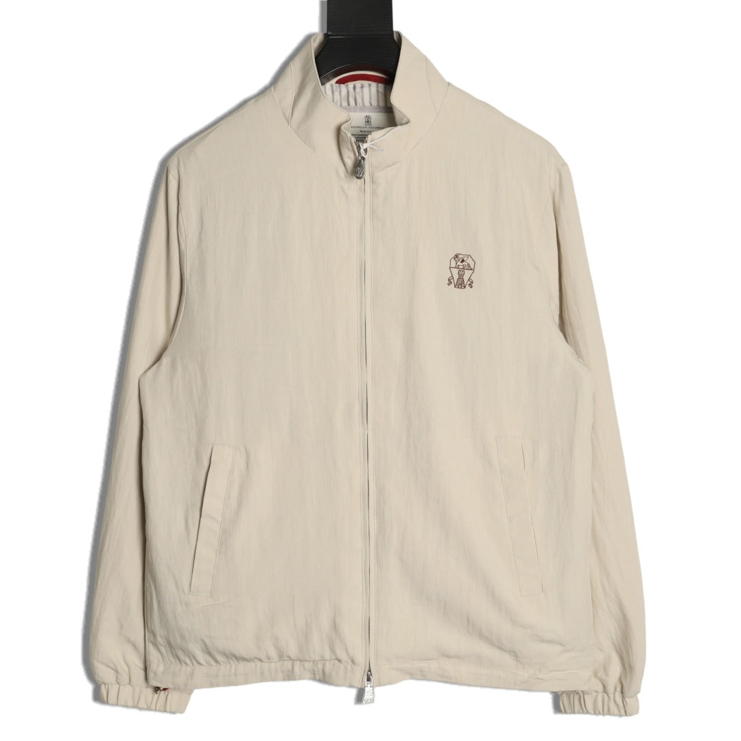 Brunello Cucinelli BC Travelwear Embroidered-Badge Stand-Collar Jacket - Beige