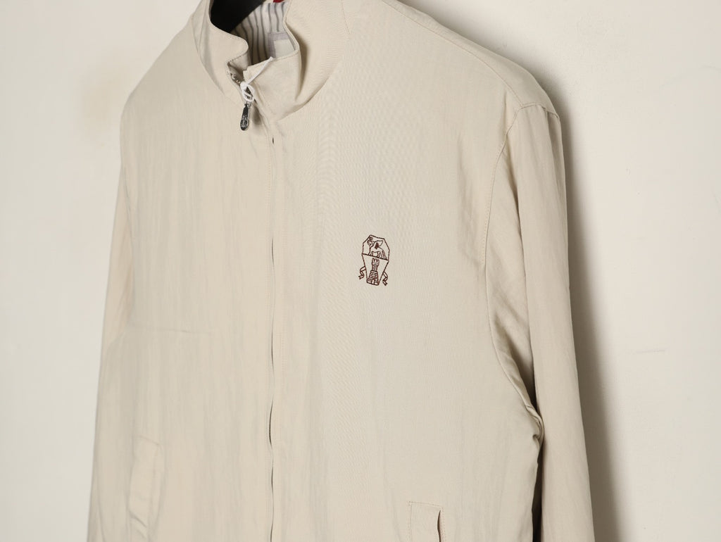 Brunello Cucinelli BC Travelwear Embroidered-Badge Stand-Collar Jacket - Beige