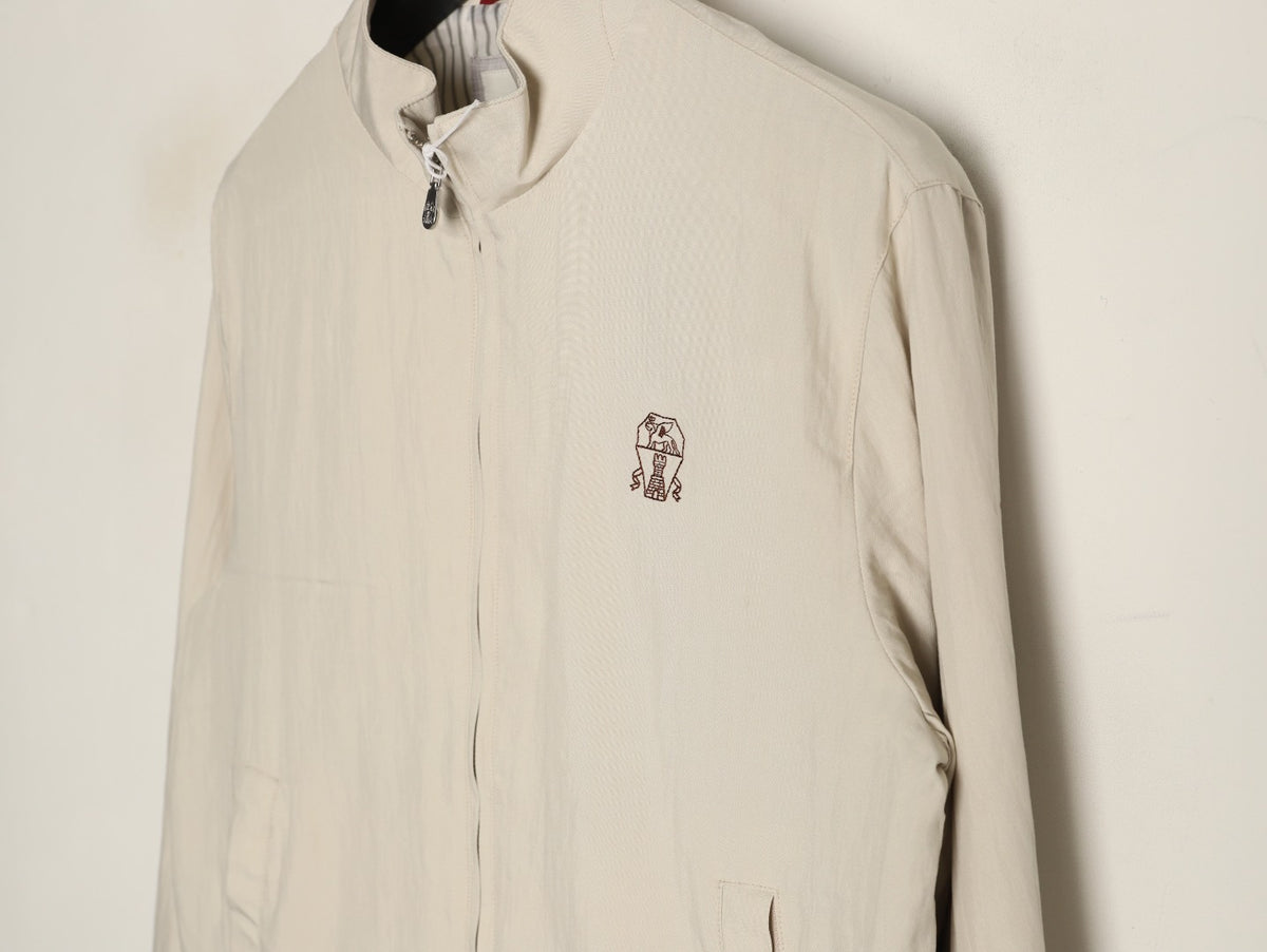 Brunello Cucinelli BC Travelwear Embroidered-Badge Stand-Collar Jacket - Beige
