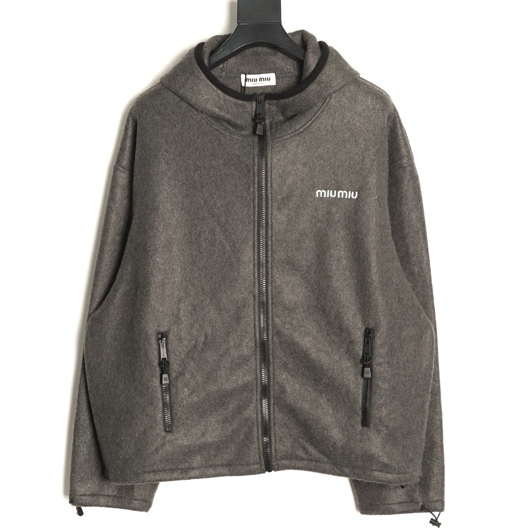 Miu Miu Logo-Embroidered Trim Fleece Hooded Jacket - Charcoal