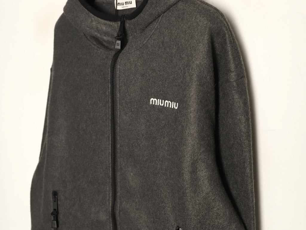 Miu Miu Logo-Embroidered Trim Fleece Hooded Jacket - Charcoal