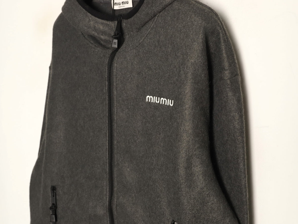 Miu Miu Logo-Embroidered Trim Fleece Hooded Jacket - Charcoal
