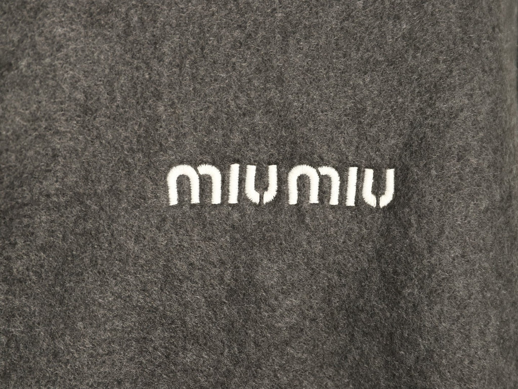 Miu Miu Logo-Embroidered Trim Fleece Hooded Jacket - Charcoal