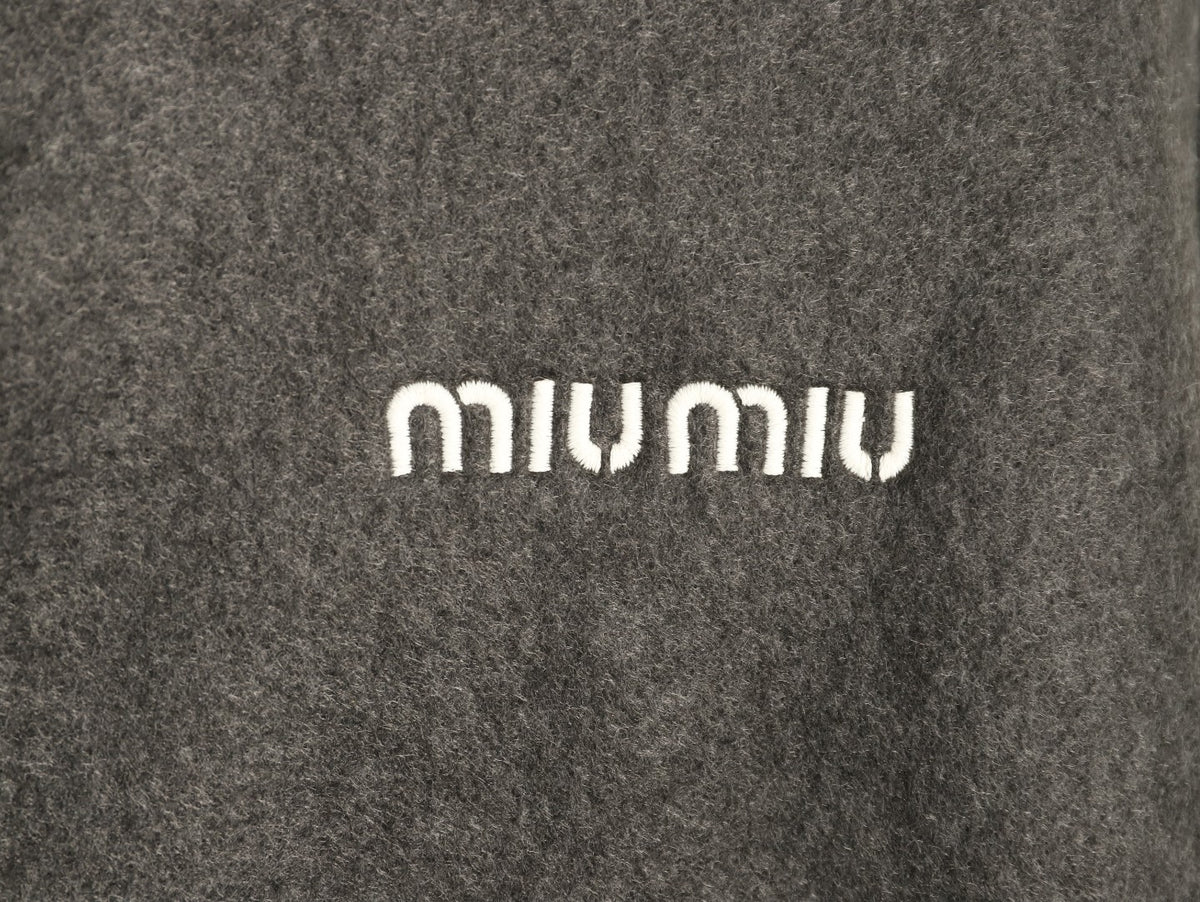 Miu Miu Logo-Embroidered Trim Fleece Hooded Jacket - Charcoal