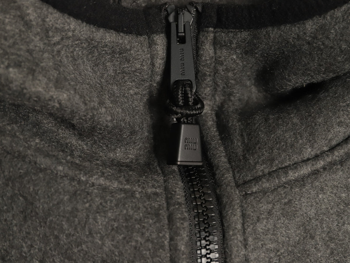 Miu Miu Logo-Embroidered Trim Fleece Hooded Jacket - Charcoal