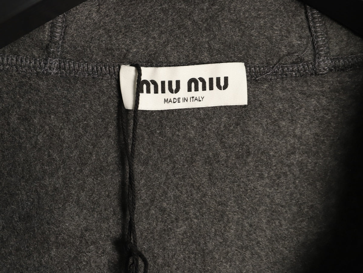 Miu Miu Logo-Embroidered Trim Fleece Hooded Jacket - Charcoal