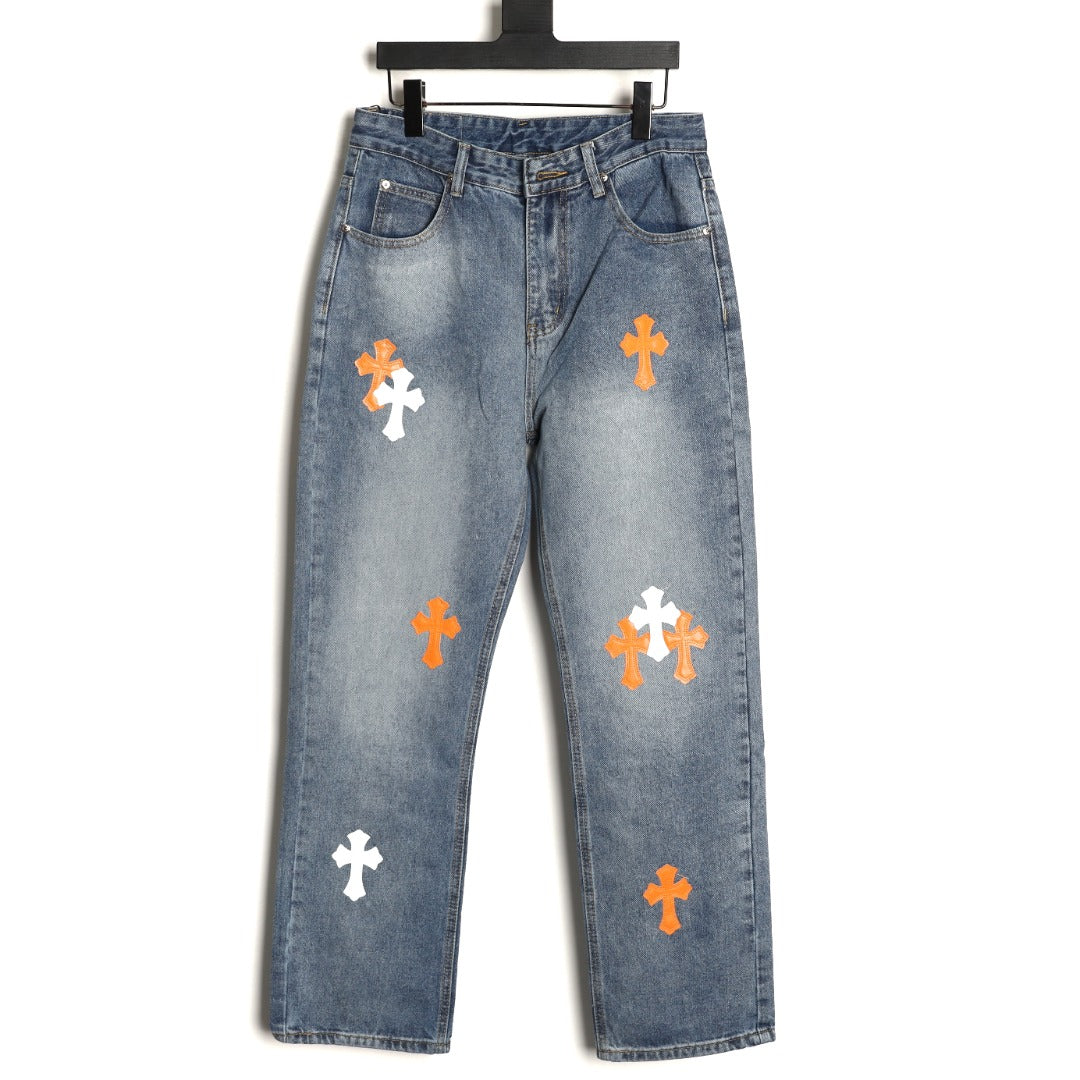 Chrome Hearts Cross-Motif Jeans with Back Lettering - Washed Blue