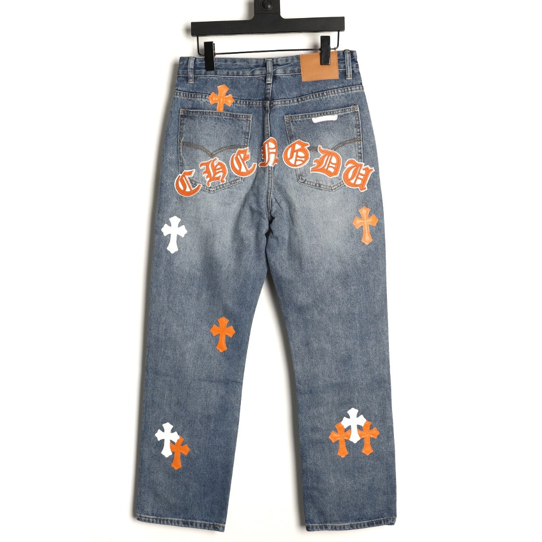 Chrome Hearts Cross-Motif Jeans with Back Lettering - Washed Blue
