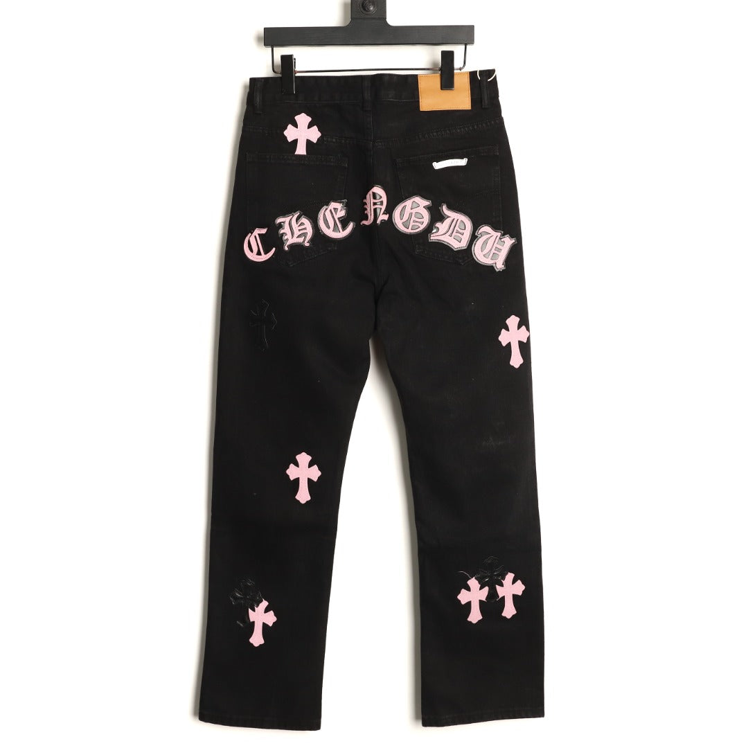 Chrome Hearts Cross-Motif Jeans with Back Lettering - Black/Pink