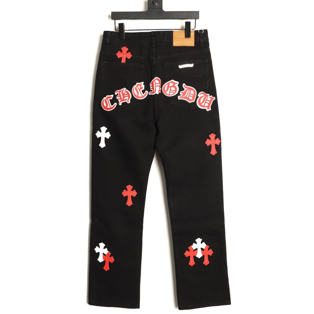Chrome Hearts Cross-Motif Jeans with Back Lettering - Black/Red