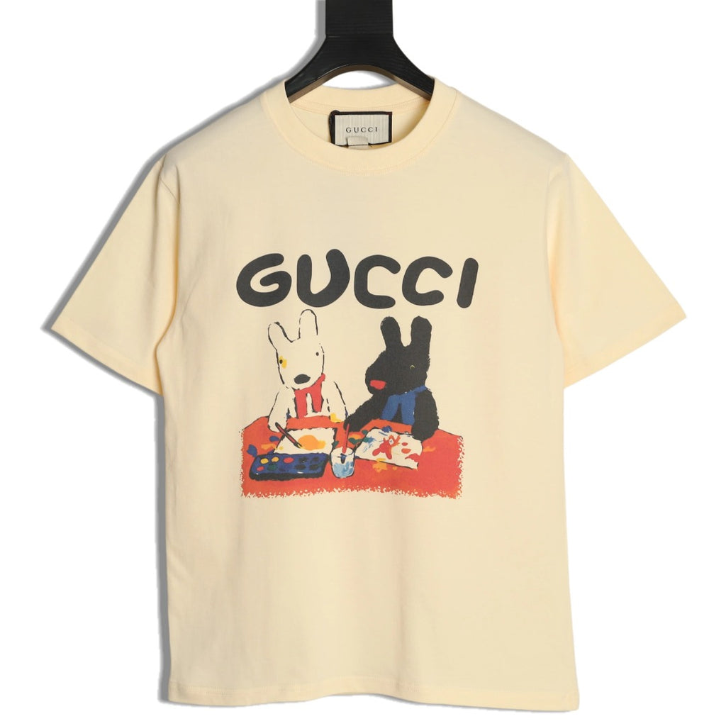 Gucci Two Rabbit Cartoon Graphic T-Shirt - Pale Yellow