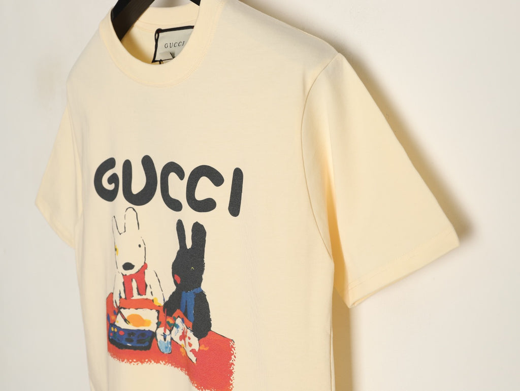 Gucci Two Rabbit Cartoon Graphic T-Shirt - Pale Yellow