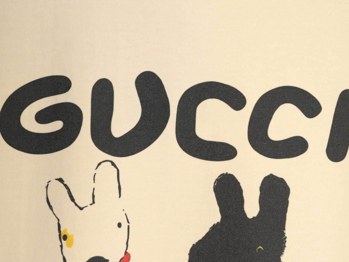 Gucci Two Rabbit Cartoon Graphic T-Shirt - Pale Yellow