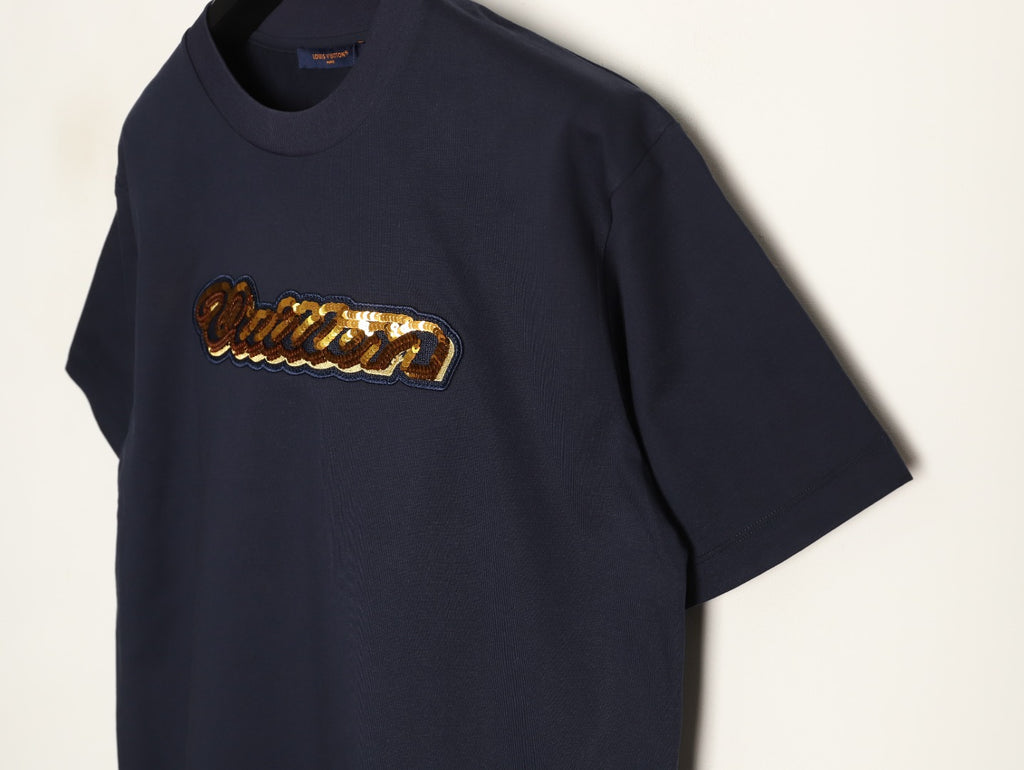Louis Vuitton Gold-Tone Script Graphic T-Shirt - Dark Navy