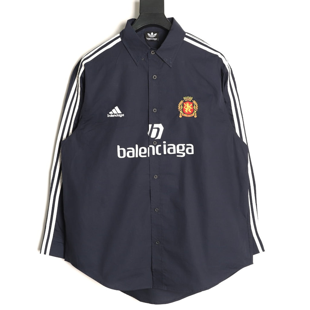 Balenciaga Striped-Sleeve Crest Button-Up Shirt - Dark Navy