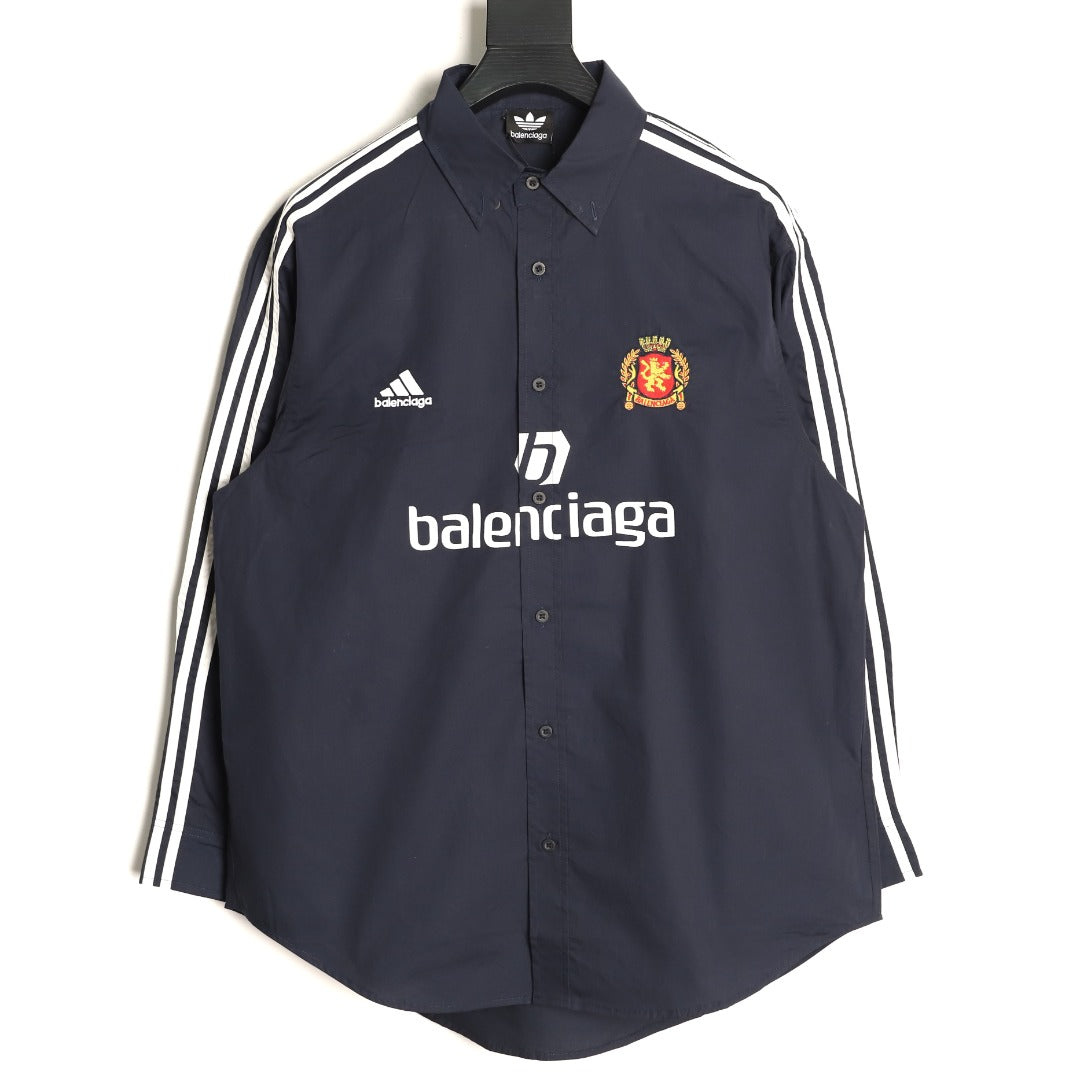 Balenciaga Striped-Sleeve Crest Button-Up Shirt - Dark Navy