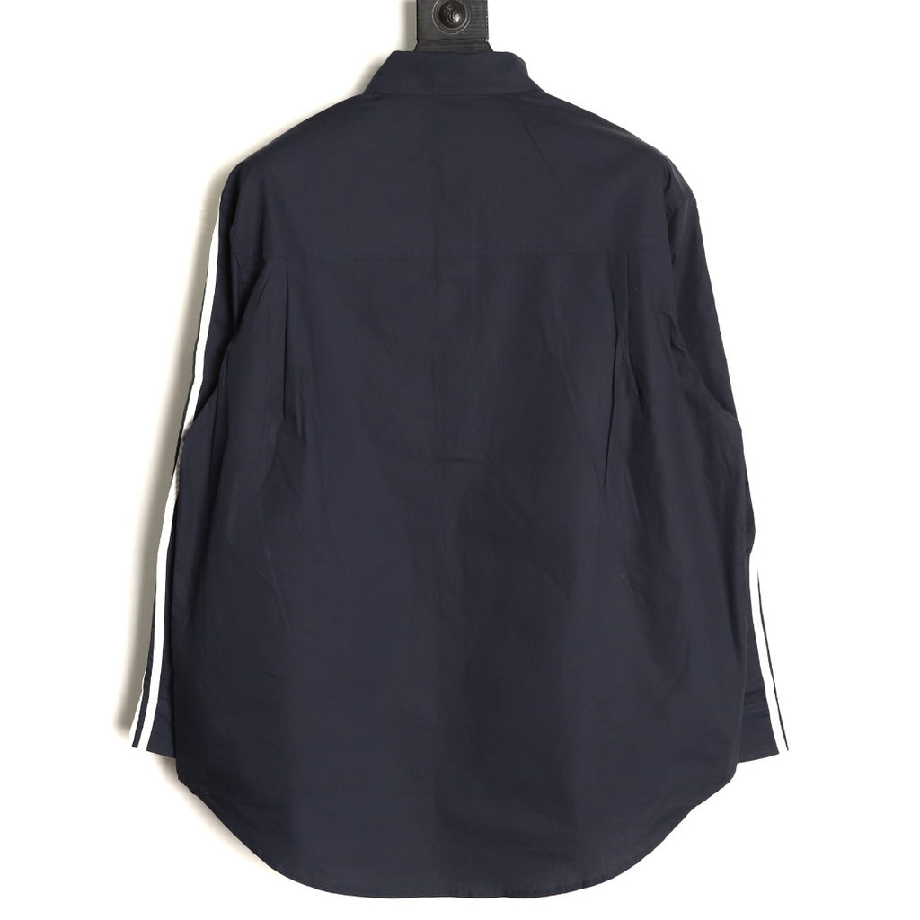 Balenciaga Striped-Sleeve Crest Button-Up Shirt - Dark Navy