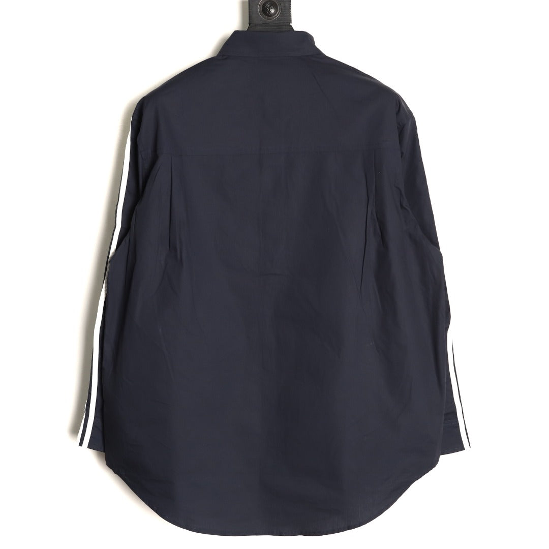 Balenciaga Striped-Sleeve Crest Button-Up Shirt - Dark Navy