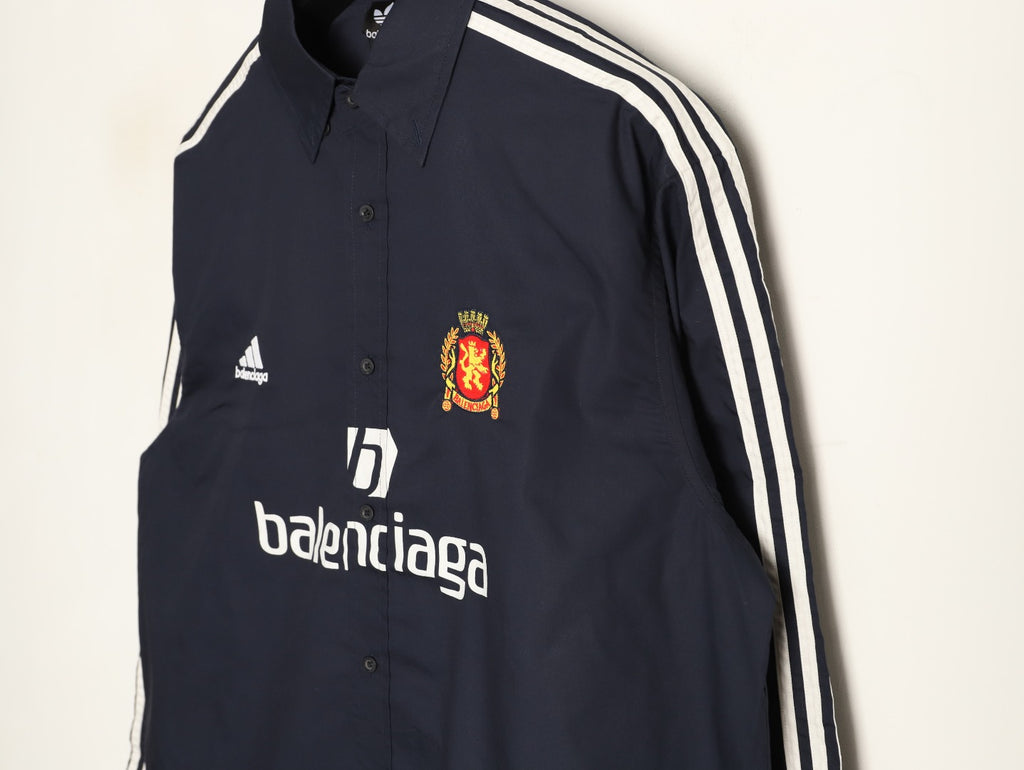 Balenciaga Striped-Sleeve Crest Button-Up Shirt - Dark Navy