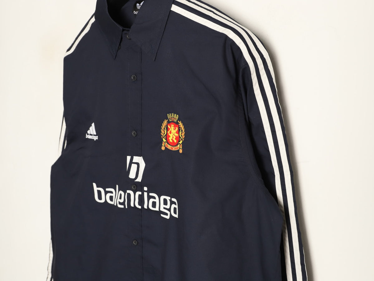 Balenciaga Striped-Sleeve Crest Button-Up Shirt - Dark Navy