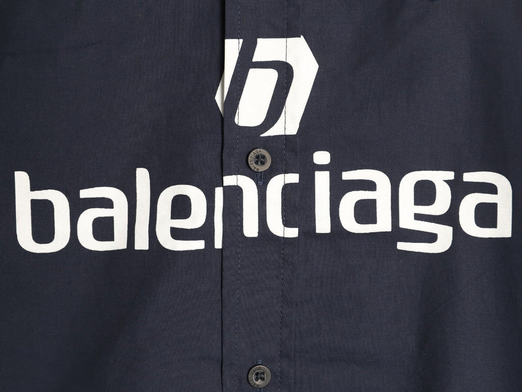 Balenciaga Striped-Sleeve Crest Button-Up Shirt - Dark Navy