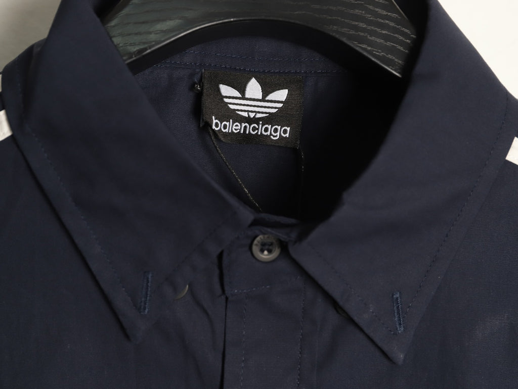 Balenciaga Striped-Sleeve Crest Button-Up Shirt - Dark Navy