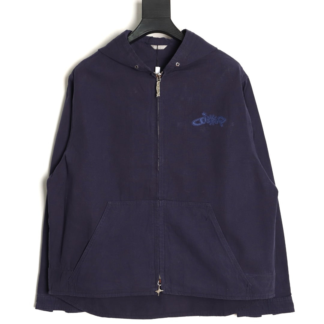 Dior CD Embroidered Zip-Up Hooded Jacket - Navy