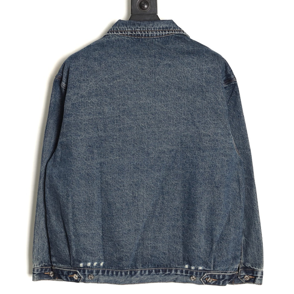 Prada Triangle-Logo Washed Zip-Up Denim Jacket - Dark Blue