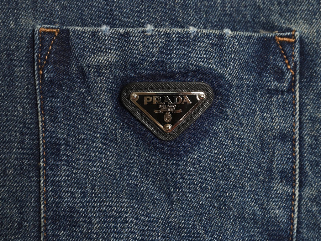 Prada Triangle-Logo Washed Zip-Up Denim Jacket - Dark Blue