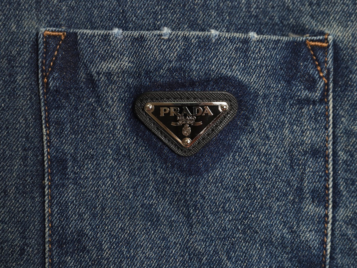 Prada Triangle-Logo Washed Zip-Up Denim Jacket - Dark Blue
