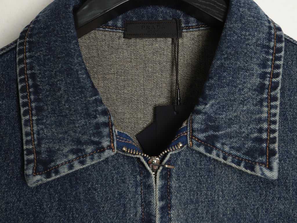 Prada Triangle-Logo Washed Zip-Up Denim Jacket - Dark Blue