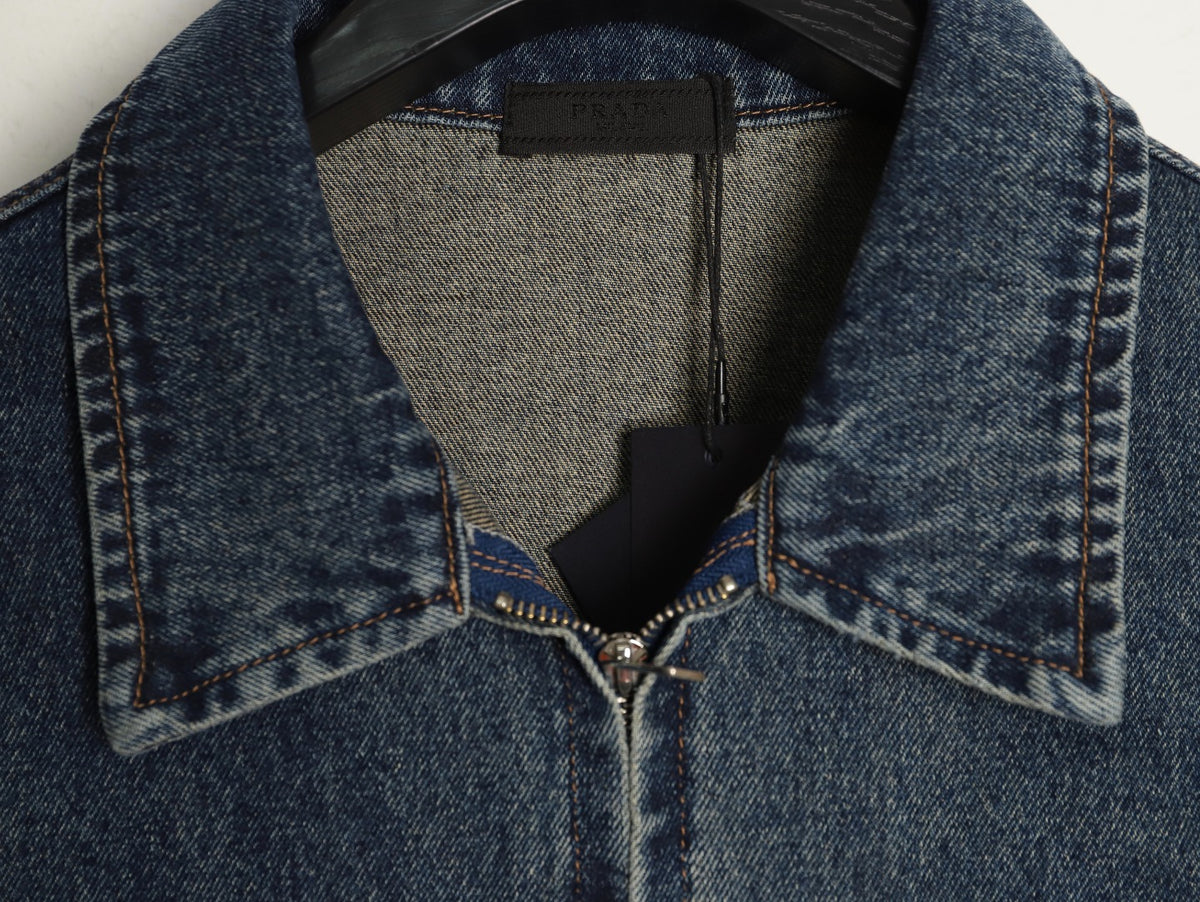 Prada Triangle-Logo Washed Zip-Up Denim Jacket - Dark Blue