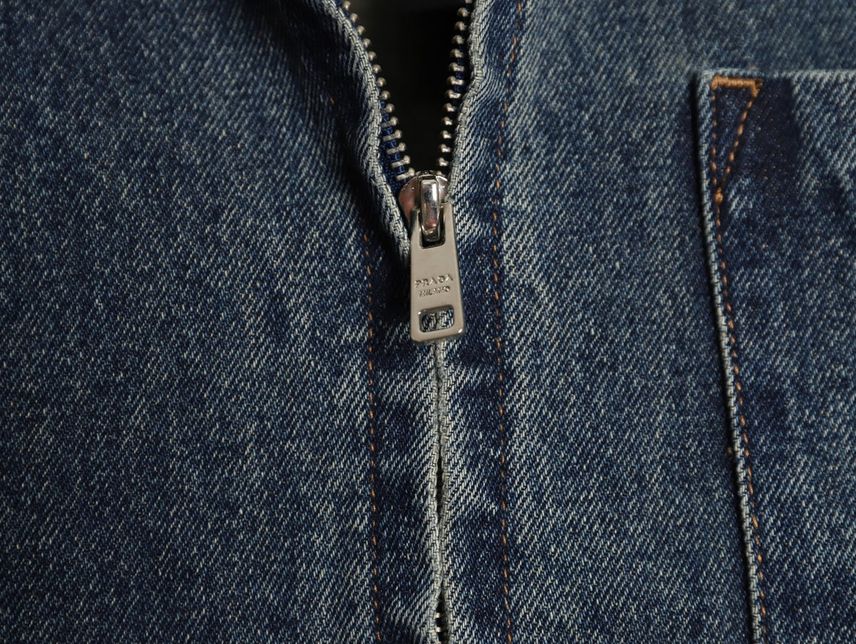 Prada Triangle-Logo Washed Zip-Up Denim Jacket - Dark Blue